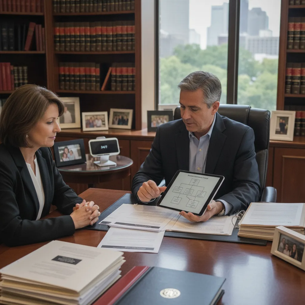 Attorney discussing estate planning documents with client in office overlooking Houston skyline.